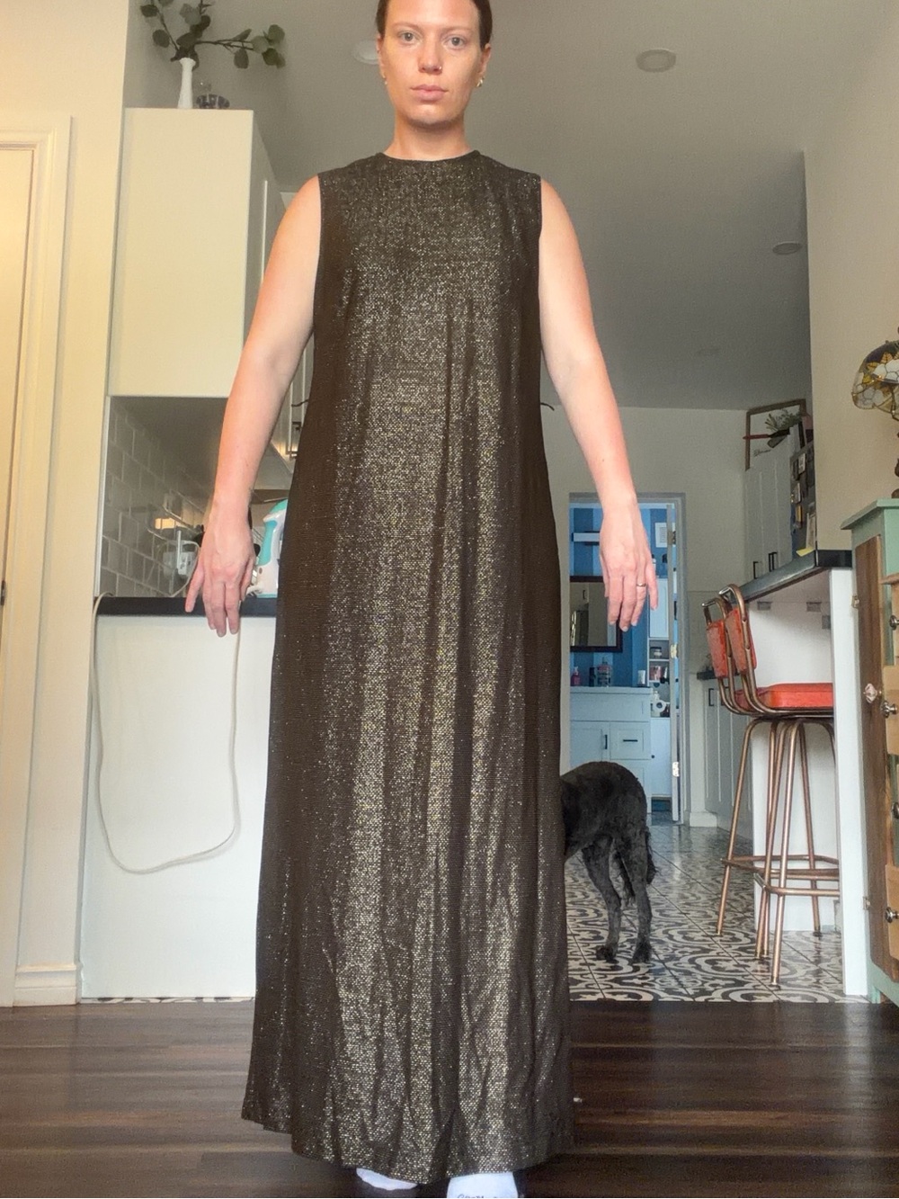 Vintage 70s Black Metallic Maxi Dress with Gold Belt - Picture 10 of 15